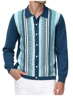 Mens Short Sleeve Knit Shirt Vintage Stripe Lapel Collar Polo Shirt