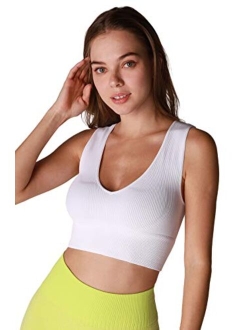 NIKIBIKI Women Seamless Plunge V-Neck Ribbed Crop Top, Made in U.S.A, One Size