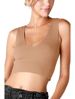 NIKIBIKI Women Seamless Plunge V-Neck Ribbed Crop Top, Made in U.S.A, One Size