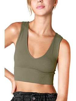 NIKIBIKI Women Seamless Plunge V-Neck Ribbed Crop Top, Made in U.S.A, One Size