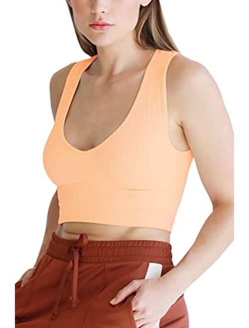 NIKIBIKI Women Seamless Plunge V-Neck Ribbed Crop Top, Made in U.S.A, One Size