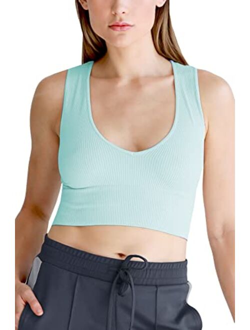 NIKIBIKI Women Seamless Plunge V-Neck Ribbed Crop Top, Made in U.S.A, One Size