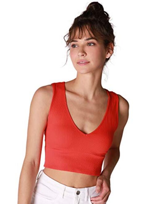 NIKIBIKI Women Seamless Plunge V-Neck Ribbed Crop Top, Made in U.S.A, One Size