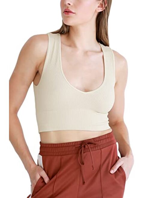 NIKIBIKI Women Seamless Plunge V-Neck Ribbed Crop Top, Made in U.S.A, One Size