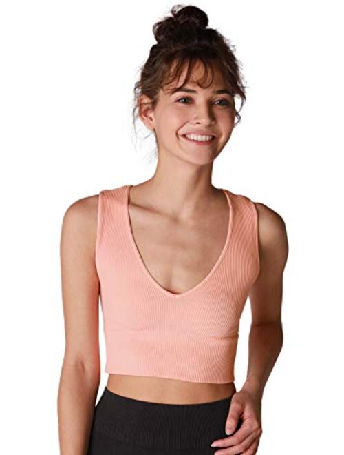 NIKIBIKI Women Seamless Plunge V-Neck Ribbed Crop Top, Made in U.S.A, One Size