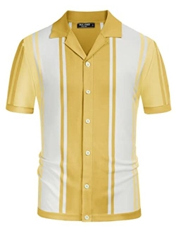 Men's Stripe Button Down Knit Polo Shirts Short Sleeve Vintage Cardigans