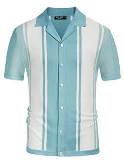 Men's Stripe Button Down Knit Polo Shirts Short Sleeve Vintage Cardigans