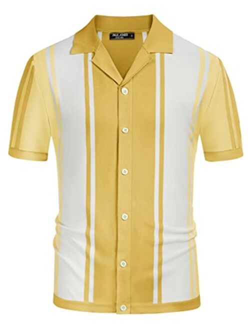 PJ PAUL JONES Men's Stripe Button Down Knit Polo Shirts Short Sleeve Vintage Cardigans