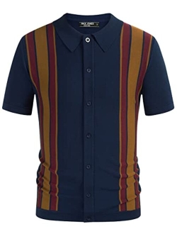 Mens Polo Shirts Vintage Striped Lightweight Knitting Golf Shirts