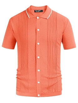 Mens Polo Shirts Vintage Striped Lightweight Knitting Golf Shirts