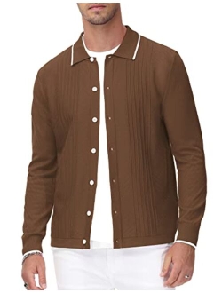 Mens Button Down Cardigan Sweaters Cable Knit Polo Collar Knitwear