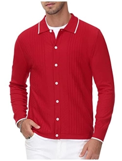 Mens Button Down Cardigan Sweaters Cable Knit Polo Collar Knitwear