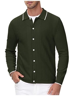 Mens Button Down Cardigan Sweaters Cable Knit Polo Collar Knitwear