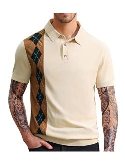 Men's Short Sleeve Argyle Knit Shirts Retro Pullover Polo Shirts
