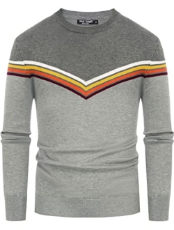 Mens Striped Pullover Sweater Crewneck Contrast Fine Knitted Sweaters