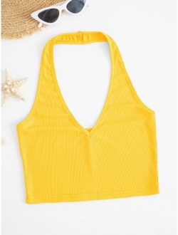 Solid Rib Knit Crop Halter Top