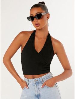 evoluSHEIN Backless Ribbed Knit Crop Halter Top