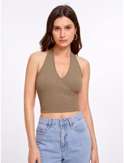 evoluSHEIN Backless Ribbed Knit Crop Halter Top