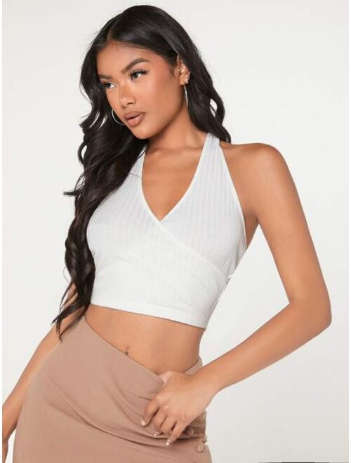 evoluSHEIN Backless Ribbed Knit Crop Halter Top