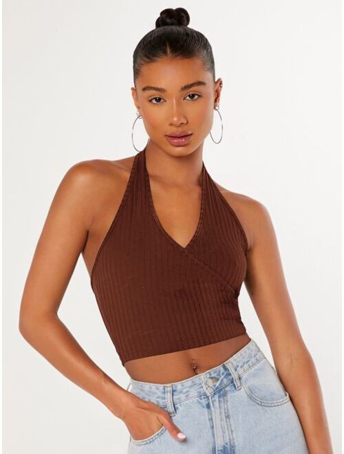 evoluSHEIN Backless Ribbed Knit Crop Halter Top