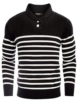 Men's Shawl Collar Sweater Cable Knitted Striped Slim Fit Pullover Sweaters