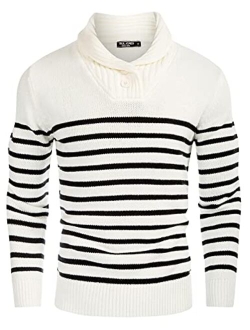 Men's Shawl Collar Sweater Cable Knitted Striped Slim Fit Pullover Sweaters