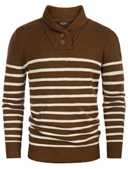 Men's Shawl Collar Sweater Cable Knitted Striped Slim Fit Pullover Sweaters
