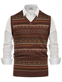 Men's V-Neck Fair Isle Sweater Vest Vintage Contrast Sweater Vest