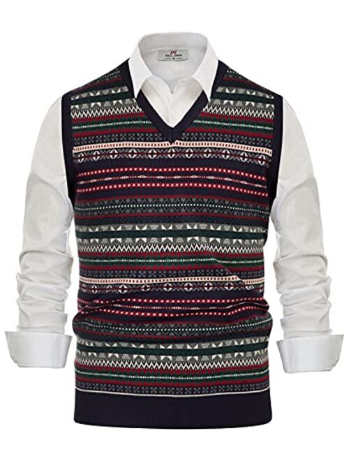 PJ PAUL JONES Men's V-Neck Fair Isle Sweater Vest Vintage Contrast Sweater Vest