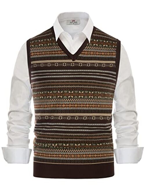 PJ PAUL JONES Men's V-Neck Fair Isle Sweater Vest Vintage Contrast Sweater Vest