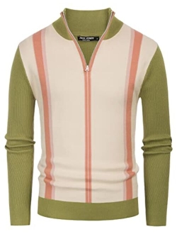 Mens Stripes Knitted Turtleneck Zip Stand Collar Pullover Sweater