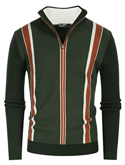 PJ PAUL JONES Mens Stripes Knitted Turtleneck Zip Stand Collar Pullover Sweater