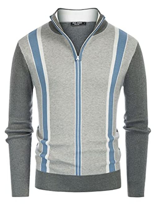 PJ PAUL JONES Mens Stripes Knitted Turtleneck Zip Stand Collar Pullover Sweater