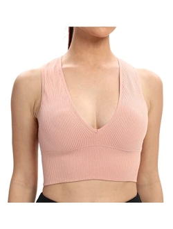 Venbond Women's Sexy Sleeveless Seamless Crop Top Deep Plunge V Neck Ribbed Tank Top with Removable Pads