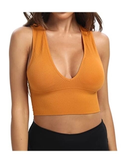 Venbond Women's Sexy Sleeveless Seamless Crop Top Deep Plunge V Neck Ribbed Tank Top with Removable Pads