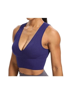 Venbond Women's Sexy Sleeveless Seamless Crop Top Deep Plunge V Neck Ribbed Tank Top with Removable Pads