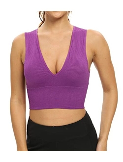 Venbond Women's Sexy Sleeveless Seamless Crop Top Deep Plunge V Neck Ribbed Tank Top with Removable Pads