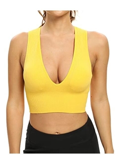 Venbond Women's Sexy Sleeveless Seamless Crop Top Deep Plunge V Neck Ribbed Tank Top with Removable Pads