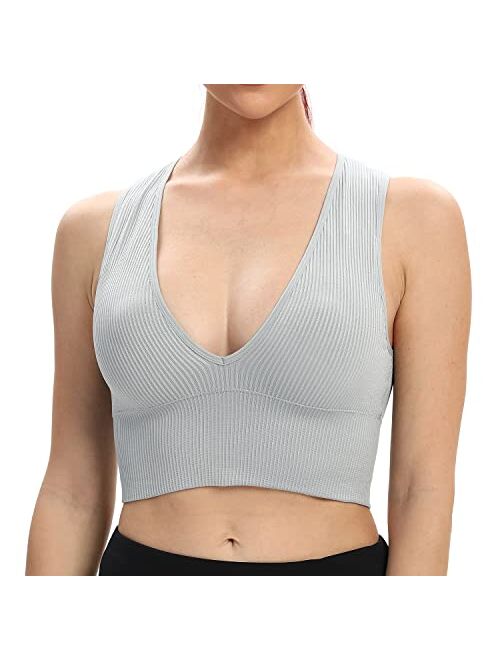 Venbond Women's Sexy Sleeveless Seamless Crop Top Deep Plunge V Neck Ribbed Tank Top with Removable Pads