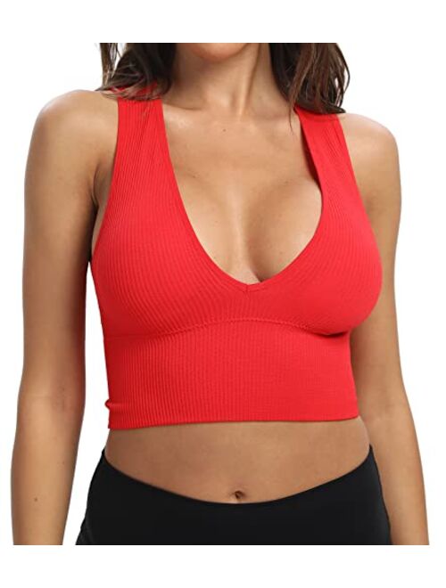 Venbond Women's Sexy Sleeveless Seamless Crop Top Deep Plunge V Neck Ribbed Tank Top with Removable Pads