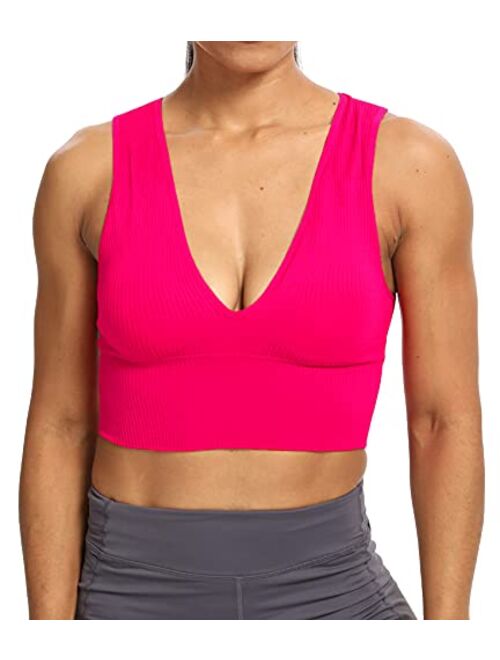 Venbond Women's Sexy Sleeveless Seamless Crop Top Deep Plunge V Neck Ribbed Tank Top with Removable Pads