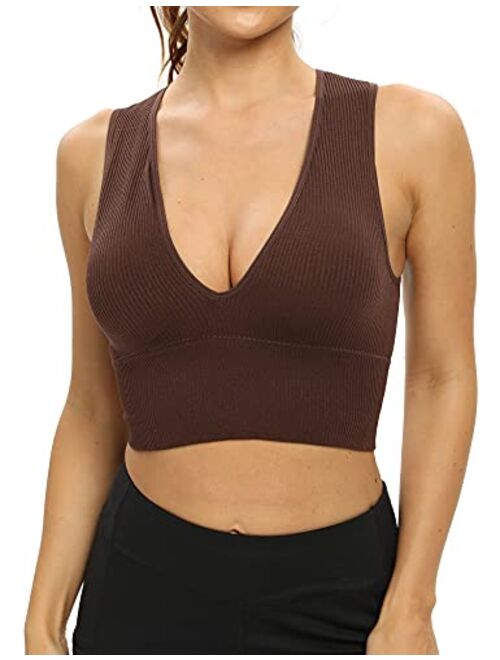 Venbond Women's Sexy Sleeveless Seamless Crop Top Deep Plunge V Neck Ribbed Tank Top with Removable Pads