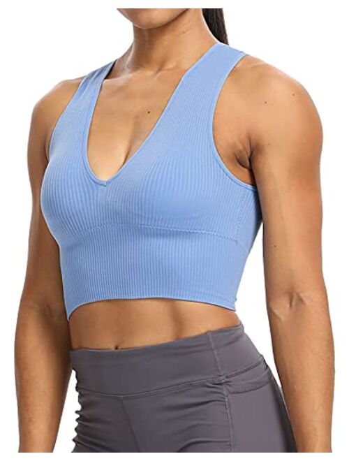 Venbond Women's Sexy Sleeveless Seamless Crop Top Deep Plunge V Neck Ribbed Tank Top with Removable Pads