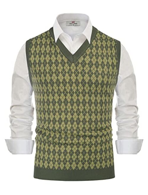 PJ PAUL JONES Men's Casual Argyle Sweater Vest V-Neck Sleeveless Pullover Vest