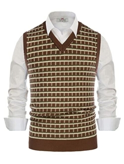 Men's Sweater Vest V-Neck Sleeveless Vintage Check Pattern Contrast Pullover Vest