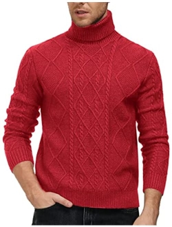 Men's Vintage Turtleneck Sweater Slim Fit Cable Knit Fisherman Sweater