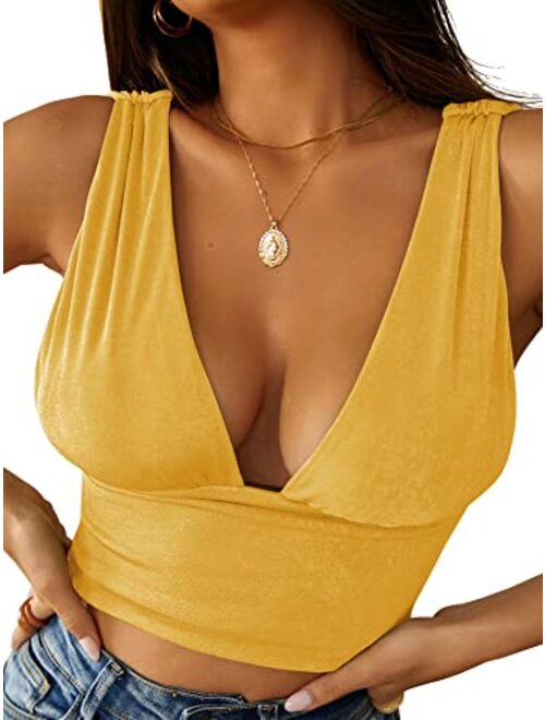 LYANER Women's Sexy Deep V Neck Slim Fitted Strap Crop Cami Tank Sleeveless Top