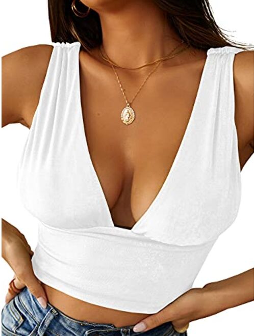 LYANER Women's Sexy Deep V Neck Slim Fitted Strap Crop Cami Tank Sleeveless Top