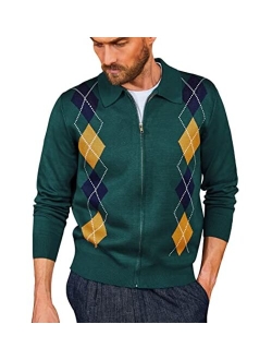 Men's Vintage Argyle Sweater Long Sleeve Zip Up Sweater Cardigan