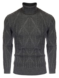 Mens Slim Fit Turtleneck Sweater Twisted Cable Knit Thermal Pullover Sweaters